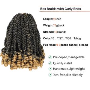 Trenza de caja Bob corto de pelo de ganchillo sintético con extremos rizados Trenzas de caja preestiradas rubias omber de 10 pulgadas para mujeres y niños Cabello sintéticoPelo trenzado sintético (para