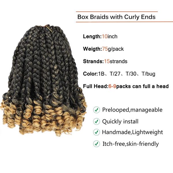 Cheveux synthétiques au crochet courts Bob Box Braid avec extrémités bouclées 10 pouces Omber Blonde pré-étirée Box Braids pour femmes enfants cheveux synthétiquesCheveux tressés synthétiques (pour