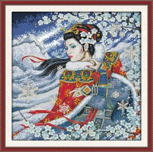 Beauté dans la neige nuit fille décor peintures, ensembles de broderie au point de croix faits à la main comptés impression sur toile DMC 14CT / 11CT