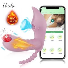 Articles de beauté 3 en 1 Bluetooth App Dildo Vibrator Femelle Wireless Remote Control Sucker Clitoris Stimulator Sexy Toys longue distance pour les femmes