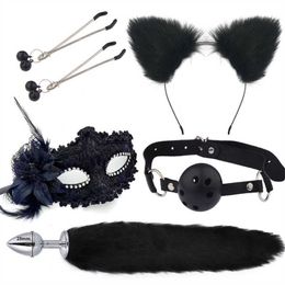 Beauty Items 5 stks/set Rode sexy Speelgoed voor Vrouw Cosplay sexyy Masker Staart Metalen Anale Plug Mond Tepel Clip Bel Half Kat Oren Party BDSM