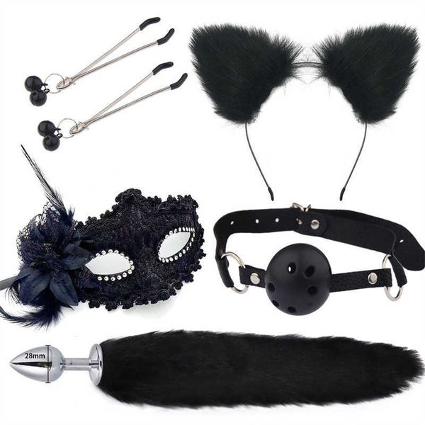 Articles de beauté 5 pièces/ensemble rouge sexy jouets pour femme Cosplay sexyy masque queue métal Plug Anal bouche mamelon Clip cloche demi chat oreilles fête BDSM