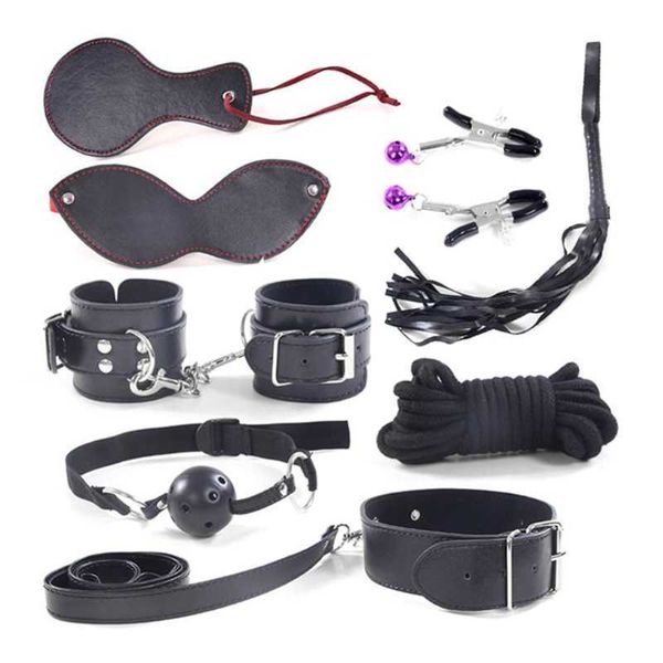 Artículos de belleza A6HF 8pcs Conjunto de restricción erótica Esposas Tobillo Bondage Puños Collar Blindfold Whip Parejas Foreplay Flirt Bdsm SM juguete sexy