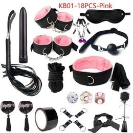 Beauty Items Volwassen SM BDSM Kits Volwassenen sexy Speelgoed Voor Vrouwen Handboeien Zweep Tepelklemmen Spanking Metalen Anale Plug Vibrator 18PCS Roze