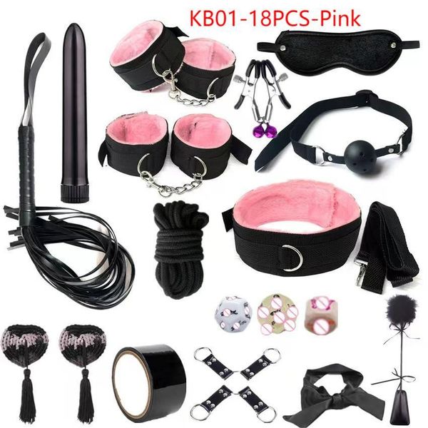 Articles de beauté Adulte SM BDSM Kits Adultes Sexy Jouets Pour Femmes Menottes Fouet Pinces À Mamelon Fessée Métal Plug Anal Vibrateur 18 PCS Rose