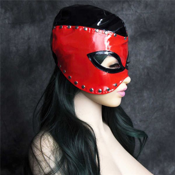 Articles de beauté BDSM Fétiche Esclave Latex Bondage Capuche Faux Cuir Restreindre sexy Couvre-chef Accessoires Outil Érotique pour Femmes Masque Rouge et Noir