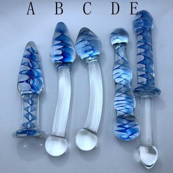 Artículos de belleza Blue Ripple Design Smooth Cold Warm Glass Dildo Cristal artificial G-spot Anal Butt Plug Masaje de próstata juguete sexy