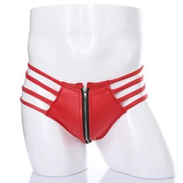 Artículos de belleza CLEVER-MENMODE sexyy Ropa interior para hombres PU Tanga de cuero sintético Vendaje BDSM Calzoncillos con cremallera Suspensorios Lencería erótica Bragas de hilo