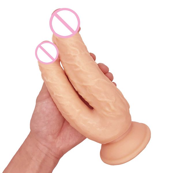 Artículos de belleza Enorme Consoladores dobles Penetración Vagina y ano Piel suave Sensación de pene Cabeza Phallus sexy Juguetes para mujeres Masturbación