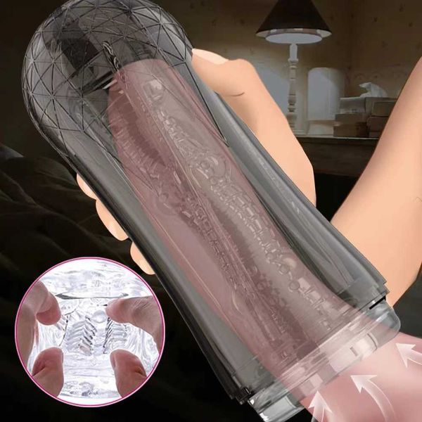 Artículos de belleza Taza masturbadora masculina Silicona transparente Coño suave Juguetes sexy Vibración Mamada Máquina de succión Vagina Productos para adultos para hombres