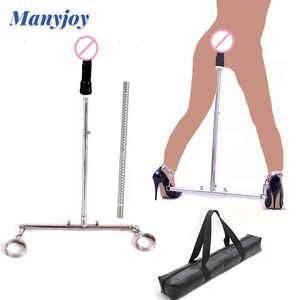 Artículos de belleza Barra esparcidora Manyjoy Marco de acero inoxidable Bondage Tobilleras Estante BDSM Restricción Enchufe Pierna abierta Esclavo sexy con consolador Juguete