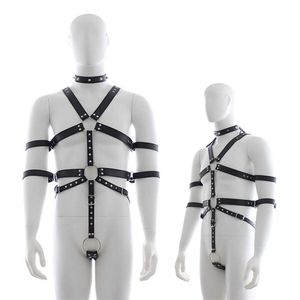 Schoonheid items mannen lingerie kuisheid riem kleding voor gay bondage bdsm terughoudendheid pu lederen nek kraag bodysuit harnas sexy speelgoed kostuum