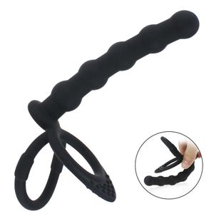 Articles de beauté anneau de pénis Double pénétration Plug Anal gode bout à bout pour hommes sangle sur perles de vagin adulte jouets sexy pour les Couples