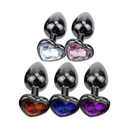 Articles de beauté Petit coeur en métal noir cristal Plug Anal butin perles bijoux Base lisse godemichet pour hommes femmes Couples