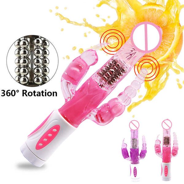 Artículos de belleza Conejo Vibrador Conejito Triple Placer Punto G Estimulador de Clítoris Plug Anal Rotación sexy Juguetes para Mujer Clítoris Dildo