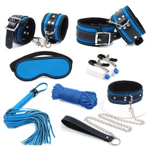 Schoonheid items Royal Blue 7 stuks bondage kit set vergrendeling hand manchet enkel sm kraag bdsm speelgoed erotisch voor paren volwassen sexy games tool