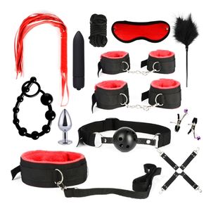 Beauty Items RXJD 13 stks BDSM Terughoudendheid Fetish Kraag Handboeien Bondage Zweep Vibrator Tepelklemmen Kralen Butt Plug Mond Gag Kit Volwassen sexy Speelgoed