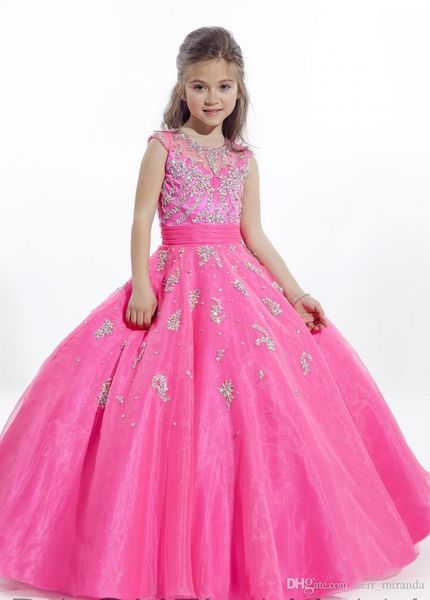 Beauté Petites Filles Glitz Pageant Robes Robe De Bal Jewel Perles Applique Bleu Et Fuchsia Étage Longueur Enfants Robes De Fille De Fleur