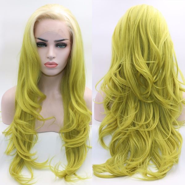 Beauty Long Fantasy Fantasie Wavy Lace Front Perruque blanche Racines ombre Green jaune synthétique THAURE APPLICIE