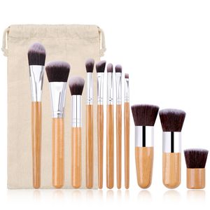 11 pièces bambou poignée maquillage pinceaux Kit fond de teint cosmétiques maquillage pinceau ensemble avec sac en tissu emballage