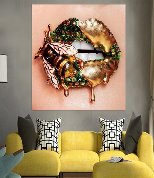 Pintura en lienzo de maquillaje de belleza, carteles e impresiones de abeja parpadeante en el labio, imágenes en lienzo, pared artística abstracta, decoración del hogar, gota 1463481