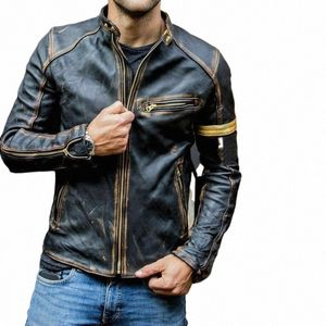 Beauty Veste en cuir pour hommes, veste en cuir pour jeunes, col montant, Punk, moto, W4R1 #