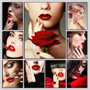 Beauty Nail Shop Lips Red Art Affiche photo toile peinture imprimement images de beauté maquillage de cils de manucure de manucure nordique décor de chambre nordique