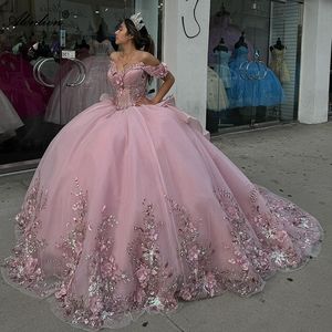 Beauté Quinceanera Robes robes de bal sur les manches épaules perlées 3D fleurs de coing robes princesse robes formelles avec perles de perles de lacet