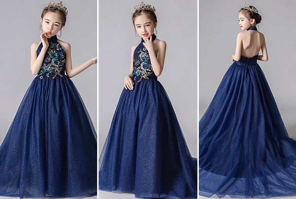 Belleza azul real tul cabestro sin espalda apliques cuentas vestido de niña de flores Vestidos de desfile para niña Vestidos de fiesta/cumpleaños Falda de niña personalizada SZ 2-12 D319025