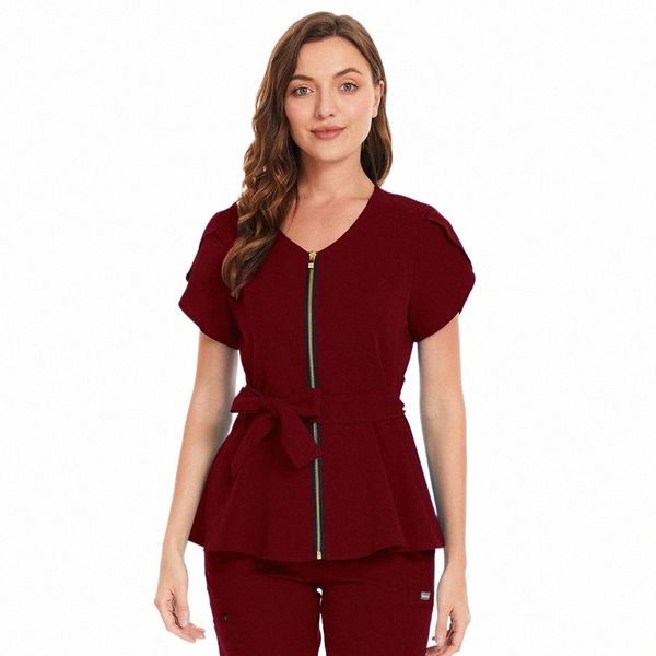 Belleza Sal Uniforme de trabajo Cinturón de manga corta Scrubs Tops Camisa Verano Tienda de mascotas Scrubs Traje Ropa de mujer Ropa de enfermera Uniforme Blusa p7BX #