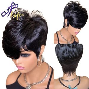 Beauty Short Bob Bob Wig Wig With Bangs Full Machine n'a fait aucune perruque en dentelle pour les femmes brésiliennes Remy Straite Human Hair Pixie Cut Wig 231227