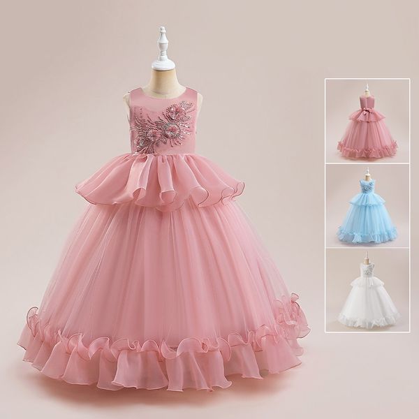 Belleza Blanco Rosa Azul Joya Apliques Vestidos del desfile de la niña Vestidos de niña de las flores Vestidos de fiesta/cumpleaños de la niña Faldas de todos los días para niñas Ropa para niños SZ 2-10 D326176