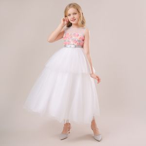 Beauté blanc rose bijou de fille fille / robes de fête robes de concours de fille de fille robes de fille de fleur filles jupes de tous les jours.