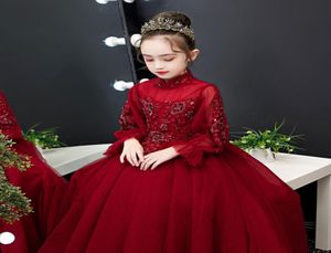 Beauty Wine Manges Tulle Appliques Beads Girls Flower Girls Girls039 Destacos Vestidos Holidaysbirthday Dayskirt personalizado Size7378144