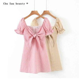 Beauté femme été doux fille robe mince Vintage manches bouffantes nœud papillon taille vers le bas Plaid Mini vacances 210514