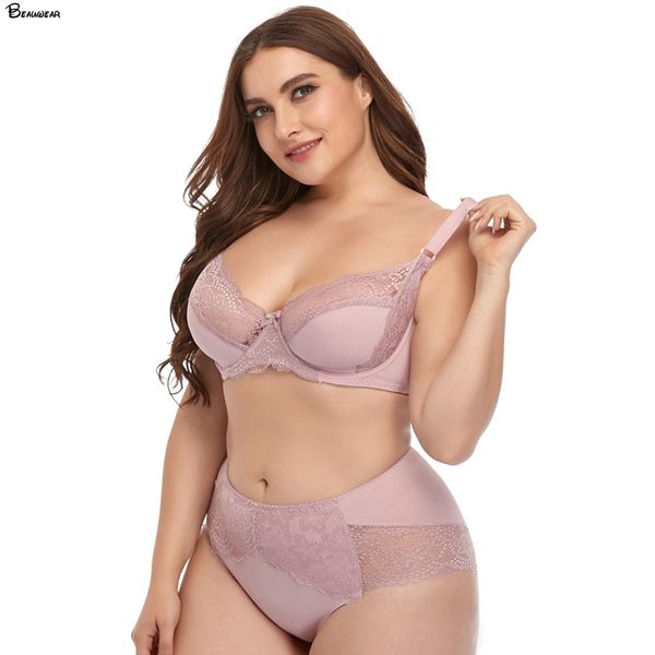 Beauwear Full Cup Mid Taille Plus Taille Dentelle Sous-vêtements Ensemble Soutien-gorge Ensemble Bref Ensembles Lingerie Femmes Sexy Demi-Transparent Soutien-Gorge Grande Taille BH X0526