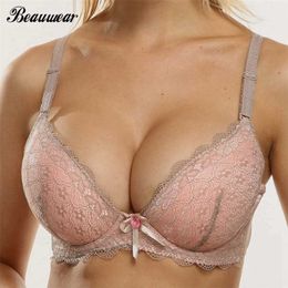 Beauwear Sexy Deep V Bra Big Size Foam Cup Bras Push Up Brassière Bloemenkant Gewatteerde Push-up Lingerie Ondergoed voor Dames 211110