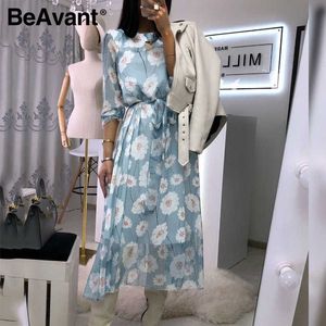 Babant casual flare mouw jurk vrouwen kantoor dames hoge taille riem lange jurk elegante bloemen bedrukte blauwe zomerjurken 210709