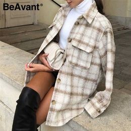 BeAvant décontracté Plaid femmes haut lâche goutte épaule bouton revers poche haut haute rue style automne chaud chemise 210709