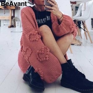 BeAvant Loose Femmes Cardigans tricotés Lanterne Manches Coeur Crochet Pulls surdimensionnés Automne Hiver Femme Cardigan Manteaux Outwear 210709