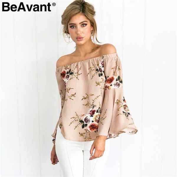 BeAvant Off Épaule Chemisier Chemisier Chemise Femmes Sexy Summer Blanc Imprimer Blouse Casual Flare Manches Cool Blouse 210709