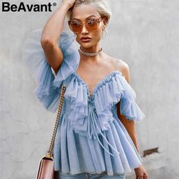 Beavant Vintage Ruffle Summer Women Blouses Shirt Off Shoulder Sexy Peplum Top Vrouw Mesh Bacidy Feminine Blouse Blusas 210709