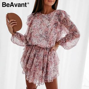 Beavent, vestido con estampado floral para mujer, elegante vestido con faja de gasa acampanada y mangas abullonadas, ropa de trabajo de cintura alta, vestido rosa de oficina para mujer 210709