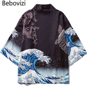 Bebovizi Japanese Wave Koi Print Kimono Cardigan Chaquetas Moda para hombre Outwear Estilo japonés Casual Streetwear Abrigos finos 210811