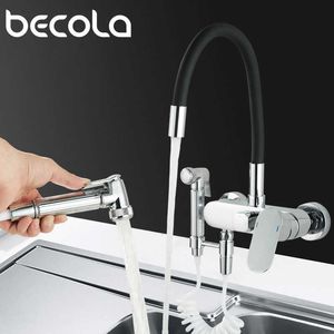 Becola Messing Material Free Bending Wall Mounted Aankelgootsteen Tik Koude Water Keuken Mixers Kraan met spuitpistool TAP 210724