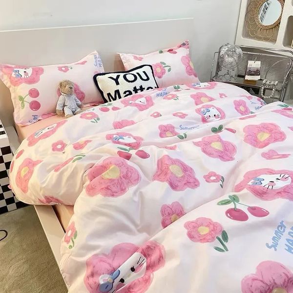 Ropa de cama Juegos de edredón de 2 dormitorios Funda nórdica de gato 240x220 Sábanas florales dobles completas Juego de cama individual Queen de cerezo lindo 240226