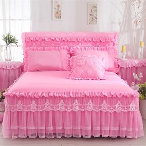 Bed set 1 pc kanten sprei 2 stks kussencases beddengoed set roze/paars/rode bodems spreads laken voor meisjesbedkoning/queen size 201209