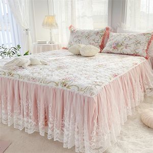 Jupe de lit 100% coton, élégante, dentelle blanche, housse de couette à volants, motif floral, boîte d'oreiller, literie de princesse, 230330