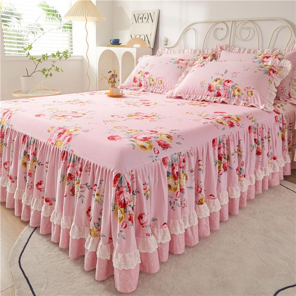 Jupe de lit 100% coton literie princesse jupe de lit taies d'oreiller imprimé floral couvre-lit à volants bande de caoutchouc couvre-lit drap de couverture de matelas 230510
