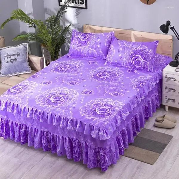 Jupe de lit 1 pièces, drap élastique en dentelle, couvre-lit Double avec taies d'oreiller, housse de matelas, ensemble de literie, drap de lit King Size